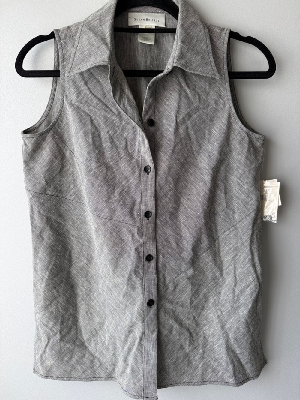 NWT Susan Bristol Gray black linen blend Sleeveless Button-Down Shirt small S